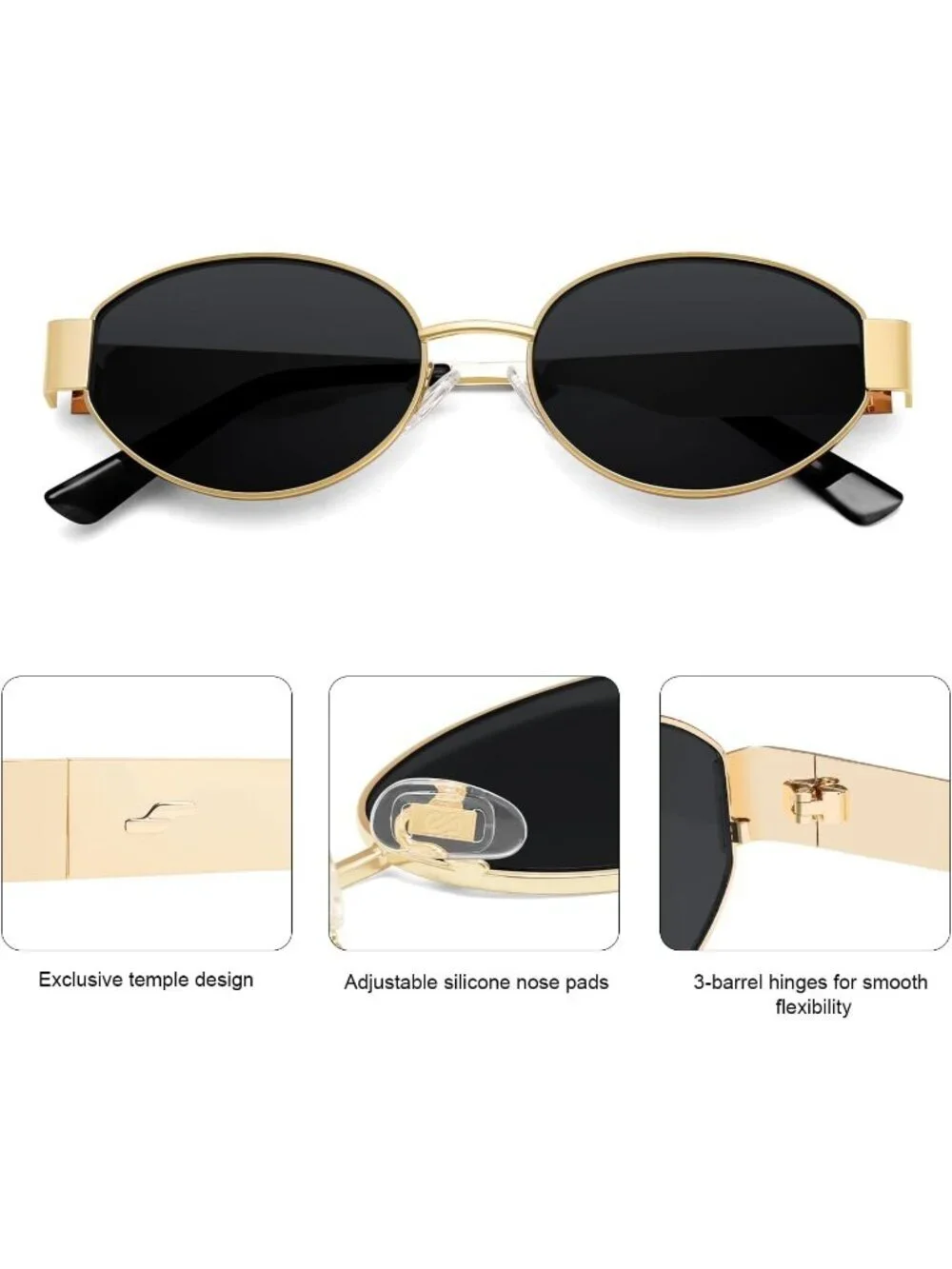 Women's Gold Grey Lens Retro Oval Trendy Shades UV400 Protection Sunglasses